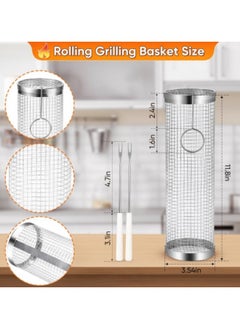 GGEROU 2Pcs Rolling Grilling Basket, Stainless Steel BBQ Grill Mesh, Portable Grill Baskets, BBQ Grill Accessories Rolling Grill Basket for Outdoor Grill,Cylinders Barbeque Kabob Fish Meat Gear, 30 * 9.5cm  - Image 2