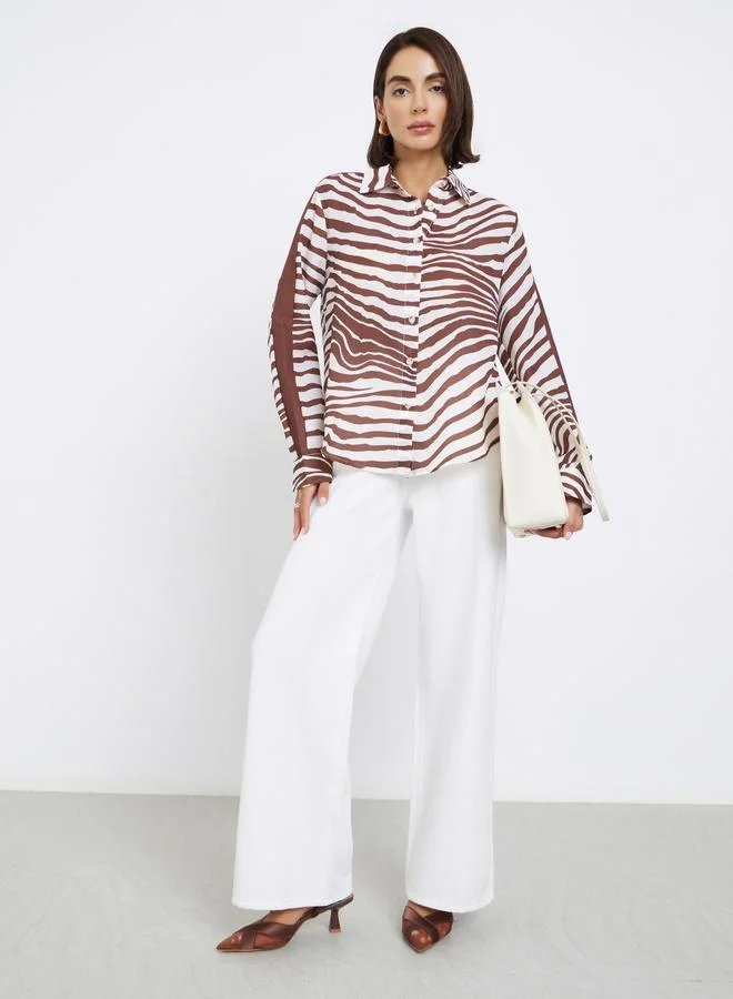 Styli Beige Zebra Print Long Sleeve Shirt