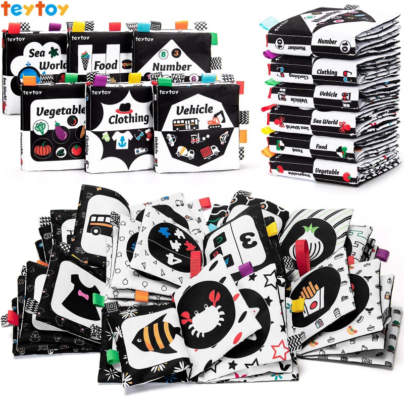 teytoy Baby Soft Cloth Book Set 6 PCS Black and White High Contrast Baby Activity Crinkle Books for 0 3 6 9 12 Months Newborn Infants Babies Boys and Girls Early Educational Learning Toys