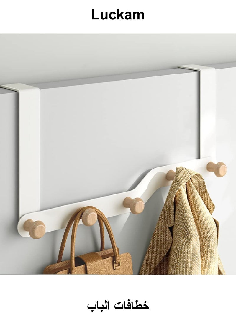 Luckam Over The Door Hook Multipurpose Door Rack with 5 Wooden Hooks, Over Door Coat Hanger, Back of Bathroom Bedroom, Hanging Coats Towel Hanger Coat Rack for Towels, ClothesWhite - Image 1