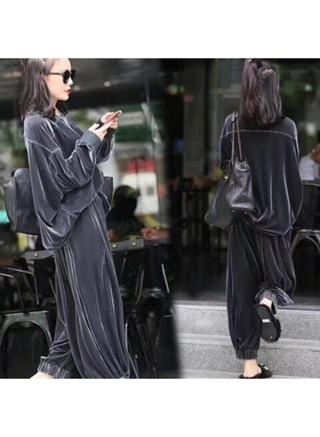 European Station Spring And Autumn Plus Size Gold Velvet Suit Women's Fashion Loose Casual Sports Wide-leg Pants Two-piece Suit Fashion