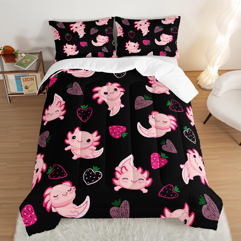 UEVBF Cute Axolotl Bedding Set Twin SizePink Axolotl Strawberry Printed Comforter Sets Aesthetic Bedding for Kids GirlsBeach Coastal Animal Themed Comforter Sets with 2 Pillowcases