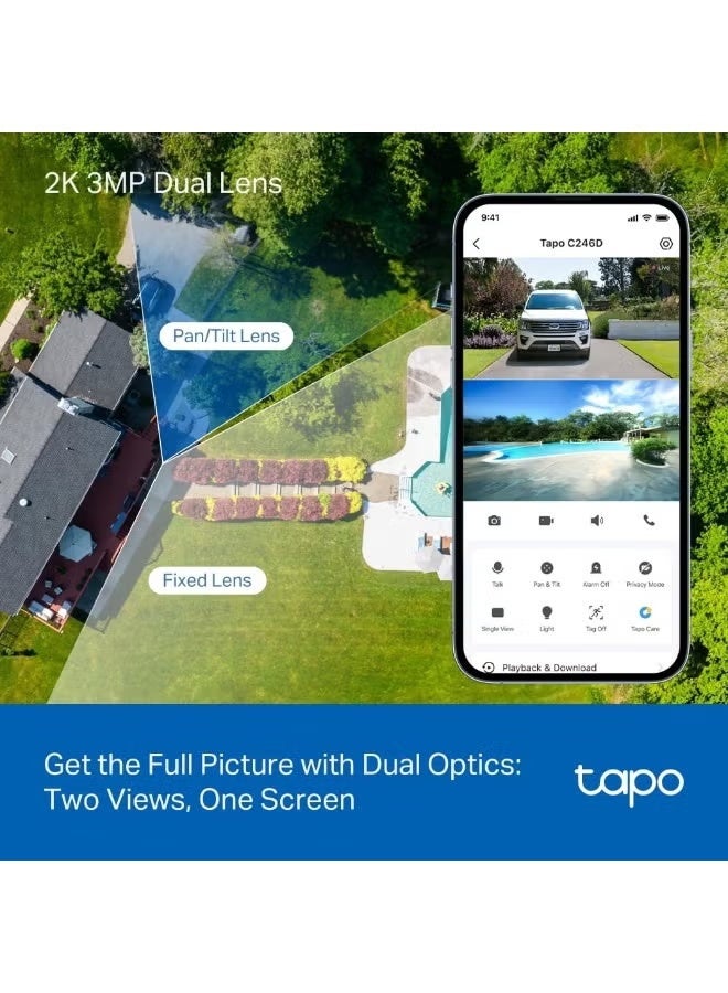 تي بي-لينك تي آي كاميرا مراقبة تابو 2K بدقة 3 ميجابكسل للاستخدام الداخلي والخارجي بعدسة مزدوجة قابلة للإمالة والتحريك - زاوية رؤية واسعة 125 درجة + عدسة تقريب 6 مم، دوران 360 درجة، كشف مجاني للأشخاص والمركبات، تخزين على بطاقة SD/سحابي، متوافقة مع أليكسا وجوجل هوم - كاميرا هجينة مزدوجة - Image 5