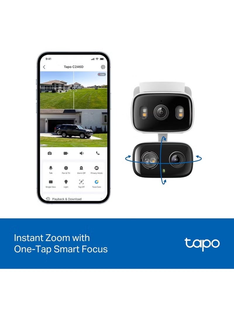 تي بي-لينك تي آي كاميرا مراقبة تابو 2K بدقة 3 ميجابكسل للاستخدام الداخلي والخارجي بعدسة مزدوجة قابلة للإمالة والتحريك - زاوية رؤية واسعة 125 درجة + عدسة تقريب 6 مم، دوران 360 درجة، كشف مجاني للأشخاص والمركبات، تخزين على بطاقة SD/سحابي، متوافقة مع أليكسا وجوجل هوم - كاميرا هجينة مزدوجة - Image 2