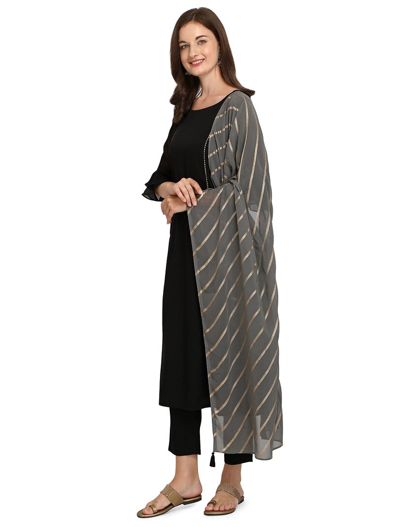 FIORRA Women's Black Poly Crepe A-Line Kurta with Pant and Dupatta SET0012-M - Image 3