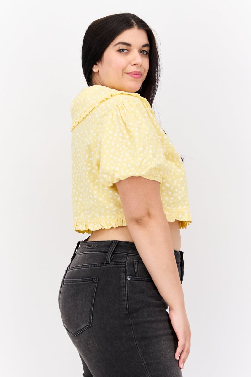 LOST INK Women Plus Size Peter Pan Collar Puffed Sleeves Floral Print Blouse, Yellow - Image 3
