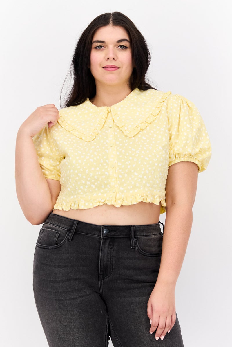 LOST INK Women Plus Size Peter Pan Collar Puffed Sleeves Floral Print Blouse, Yellow - Image 1