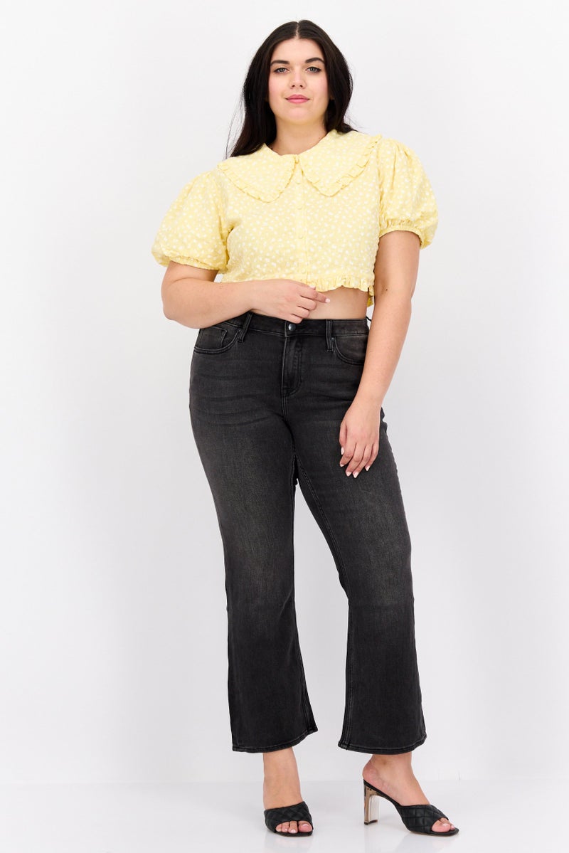 LOST INK Women Plus Size Peter Pan Collar Puffed Sleeves Floral Print Blouse, Yellow - Image 4