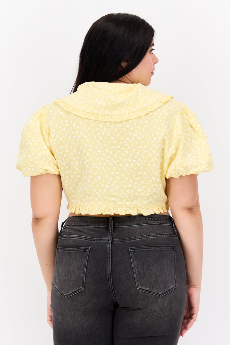 LOST INK Women Plus Size Peter Pan Collar Puffed Sleeves Floral Print Blouse, Yellow - Image 2