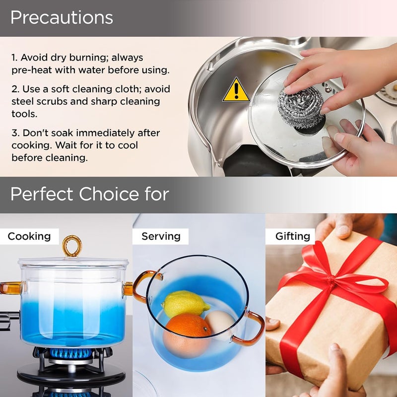 Homestic قدر هومستيك من زجاج البورسليكات سعة 1.4 لتر مع غطاء ومقبض | أدوات طهي للطبخ بالحث | هاندي للطهي | آمن للاستخدام في الميكروويف | موقد للشاي/الحليب/المعكرونة/النودلز/الأرز | أزرق - Image 4