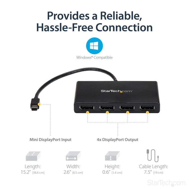 StarTech.com 4-Port Multi Monitor Adapter - Mini DisplayPort to DisplayPort MST Hub - 4x 1080p - Video Splitter for Extended Desktop Mode on Windows PCs Only - mDP to Quad DP Monitors (MSTMDP124DP) - Image 4