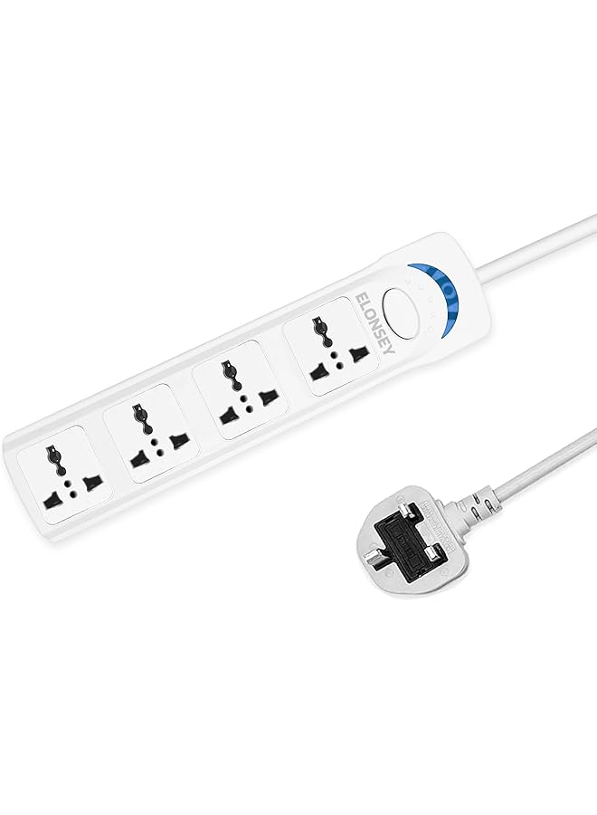 ELONSEY كابل تمديد طاقة عالمي ELONSEY مع 4 مآخذ، شريط طاقة بطول 3 أمتار مع حماية من زيادة التيار، كابل تمديد - أبيض 3م - Image 1