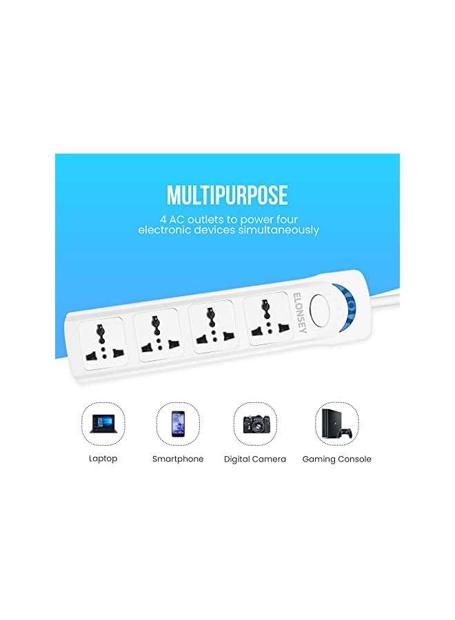 ELONSEY كابل تمديد طاقة عالمي ELONSEY مع 4 مآخذ، شريط طاقة بطول 3 أمتار مع حماية من زيادة التيار، كابل تمديد - أبيض 3م - Image 4