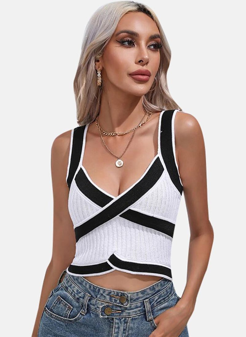يونيكي White Textured Sleeveless V Neck Crop Top - Image 1