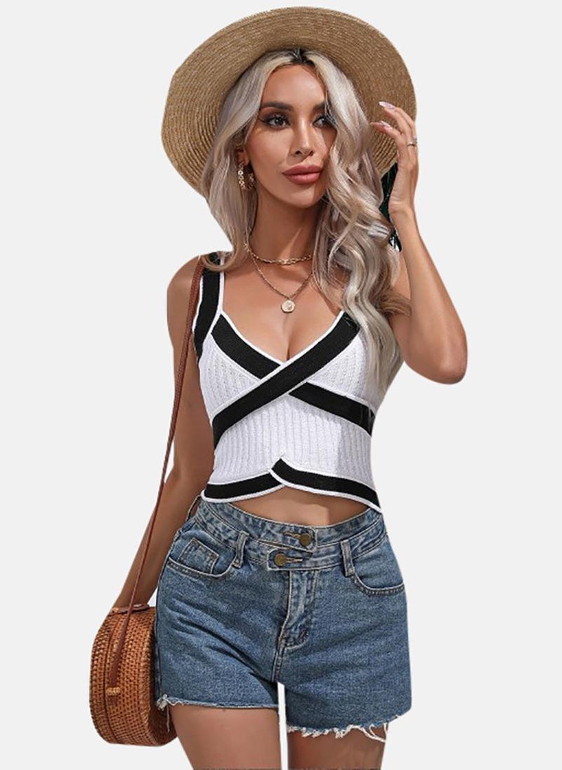 يونيكي White Textured Sleeveless V Neck Crop Top - Image 5