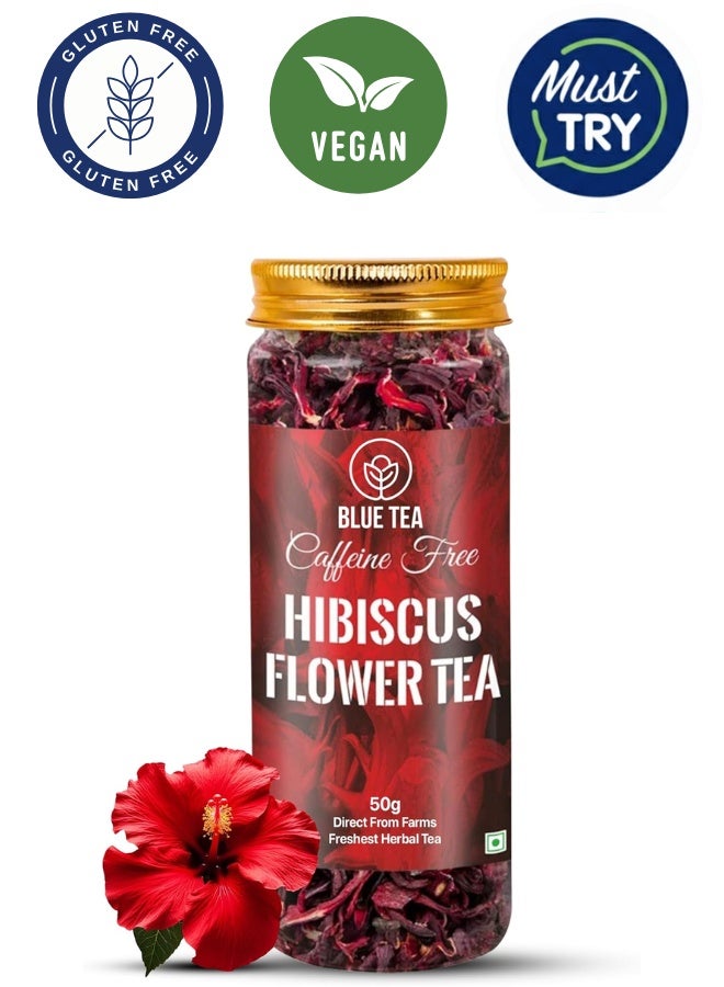 BLUE TEA Hibiscus Tea 50g | 50 Cups | Skin Glow Enhancing Tea | Tangy Flavor | Flower-Based Herbal Tea | Caffeine Free | Non-GMO | Featured on Shark Tank | PET Jar - Image 1