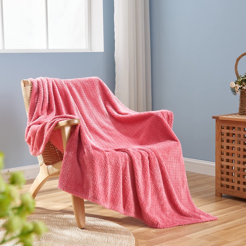 NEWCOSPLAY Super Soft Twin Blanket Coral Pink Premium Silky Flannel Fleece Leaves Pattern Lightweight Bed Blanket All Season Use (Coral Pink  Twin(60""x80"")) - Image 1