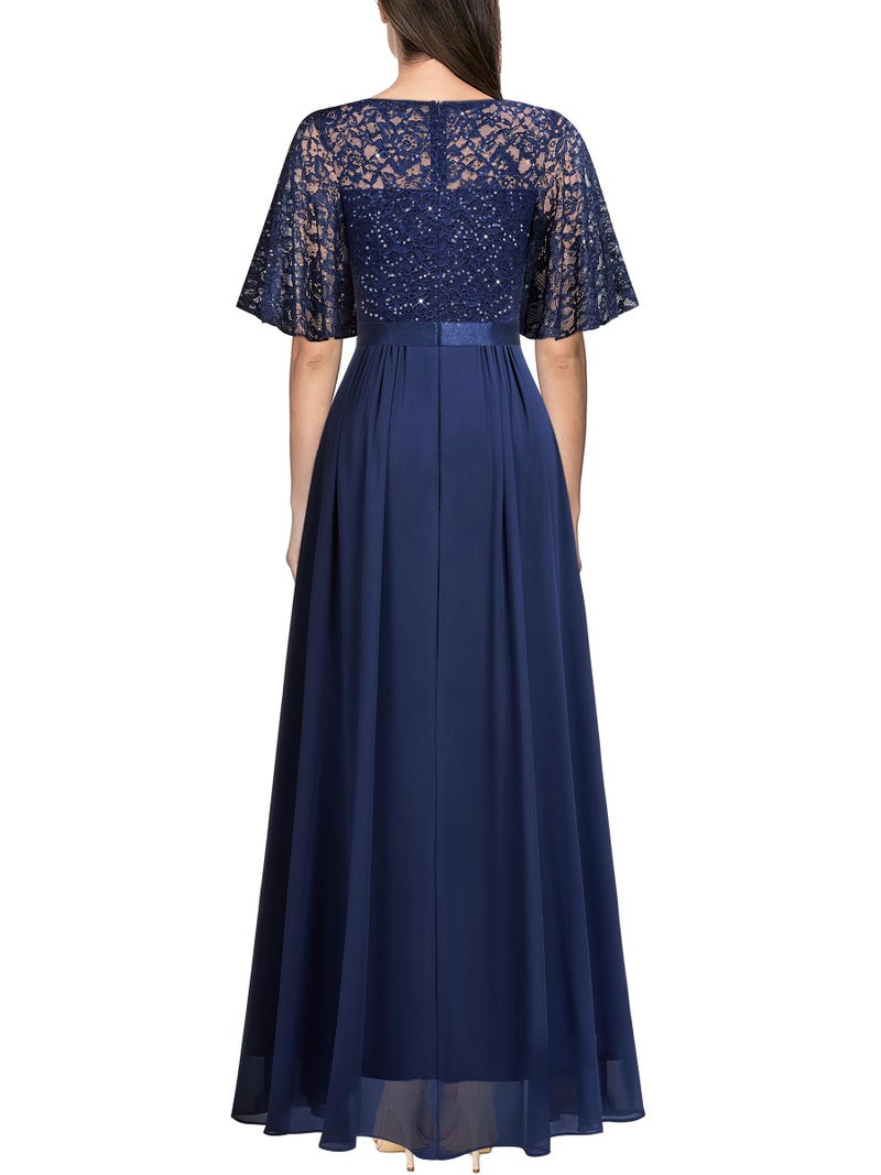 Miusol Women's Elegant Sequin Lace Butterfly Sleeve Formal Evening Maxi Dress (Large, Navy Blue) - Image 2