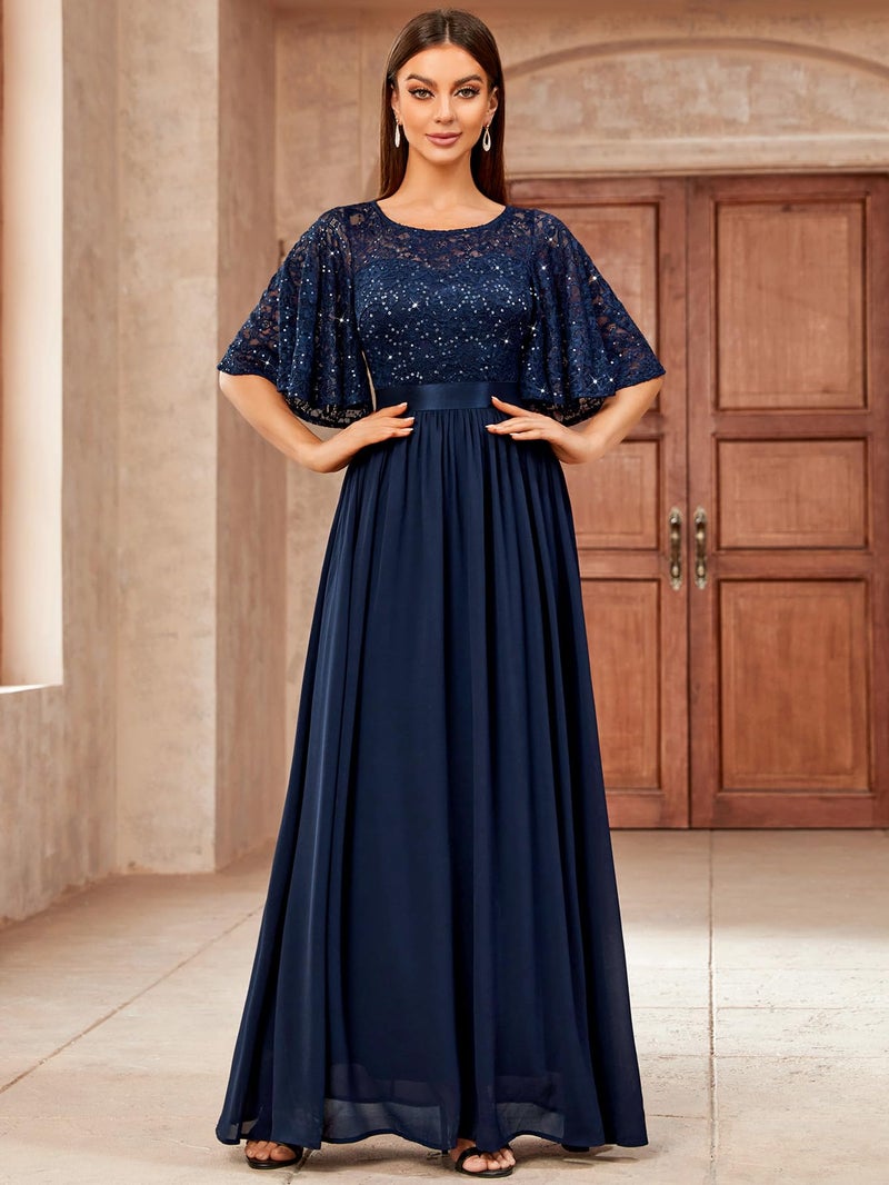 Miusol Women's Elegant Sequin Lace Butterfly Sleeve Formal Evening Maxi Dress (Large, Navy Blue) - Image 4