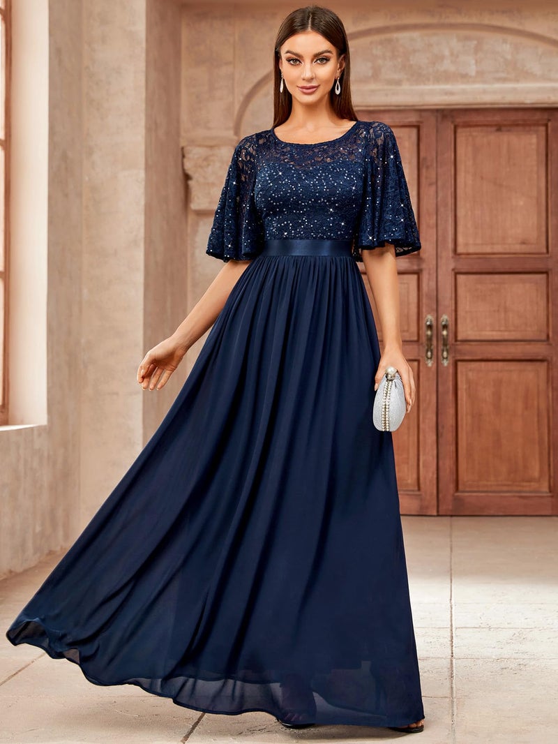 Miusol Women's Elegant Sequin Lace Butterfly Sleeve Formal Evening Maxi Dress (Large, Navy Blue) - Image 3