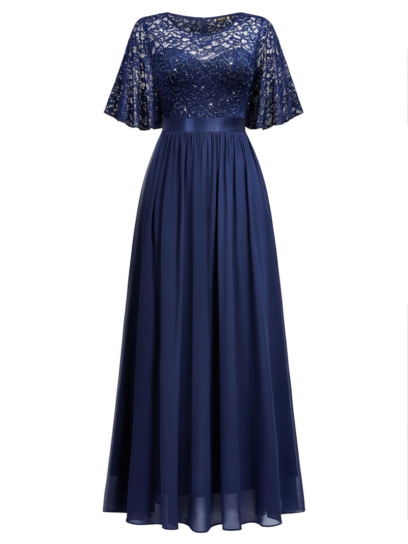 Miusol Women's Elegant Sequin Lace Butterfly Sleeve Formal Evening Maxi Dress (Large, Navy Blue) - Image 5
