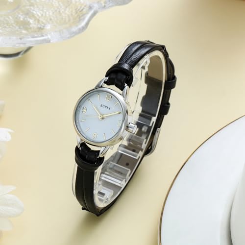 BUREI Women's 22mm Small Dial Quartz Watch, 8mm Ultra Thin Case, 12.7g Ultra Lightweight, Japan Quartz Movement, Handmade 8mm Leather Strap, Fit 155-195mm Wrist, Silver Gold Tone Case Black Brown Navy, Ideal Gift for Women Mom Birthday Anniversary - Image 4