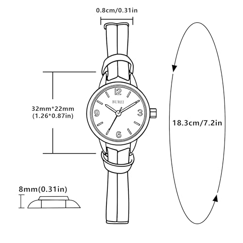 BUREI Women's 22mm Small Dial Quartz Watch, 8mm Ultra Thin Case, 12.7g Ultra Lightweight, Japan Quartz Movement, Handmade 8mm Leather Strap, Fit 155-195mm Wrist, Silver Gold Tone Case Black Brown Navy, Ideal Gift for Women Mom Birthday Anniversary - Image 3