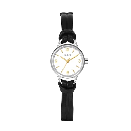BUREI Women's 22mm Small Dial Quartz Watch, 8mm Ultra Thin Case, 12.7g Ultra Lightweight, Japan Quartz Movement, Handmade 8mm Leather Strap, Fit 155-195mm Wrist, Silver Gold Tone Case Black Brown Navy, Ideal Gift for Women Mom Birthday Anniversary - Image 1