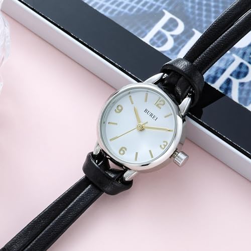 BUREI Women's 22mm Small Dial Quartz Watch, 8mm Ultra Thin Case, 12.7g Ultra Lightweight, Japan Quartz Movement, Handmade 8mm Leather Strap, Fit 155-195mm Wrist, Silver Gold Tone Case Black Brown Navy, Ideal Gift for Women Mom Birthday Anniversary - Image 2