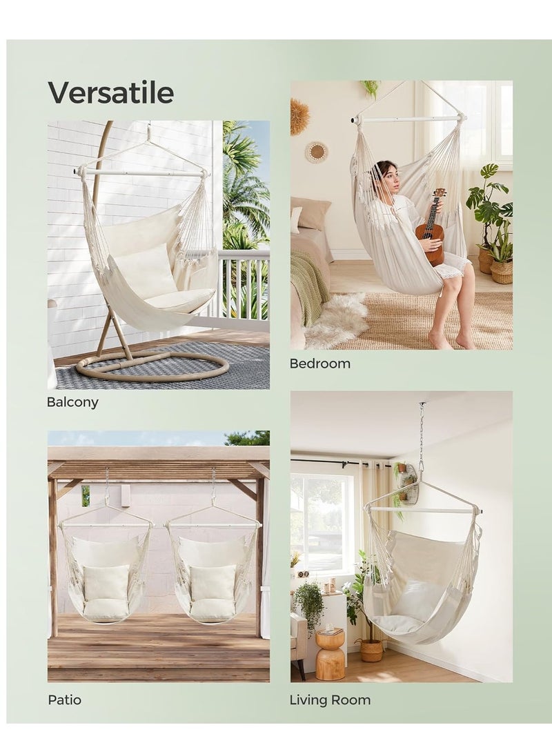 SYOSI - Hammock Chair Hanging Swing Chair with Cushions, Outdoor Rope Swing Adult Kids Metal Spreader Bar Max 330Lbs Cotton Weave Macrame Swing Seat for Living Room Camping Yard Patio Garden Backyard (White) - Image 1