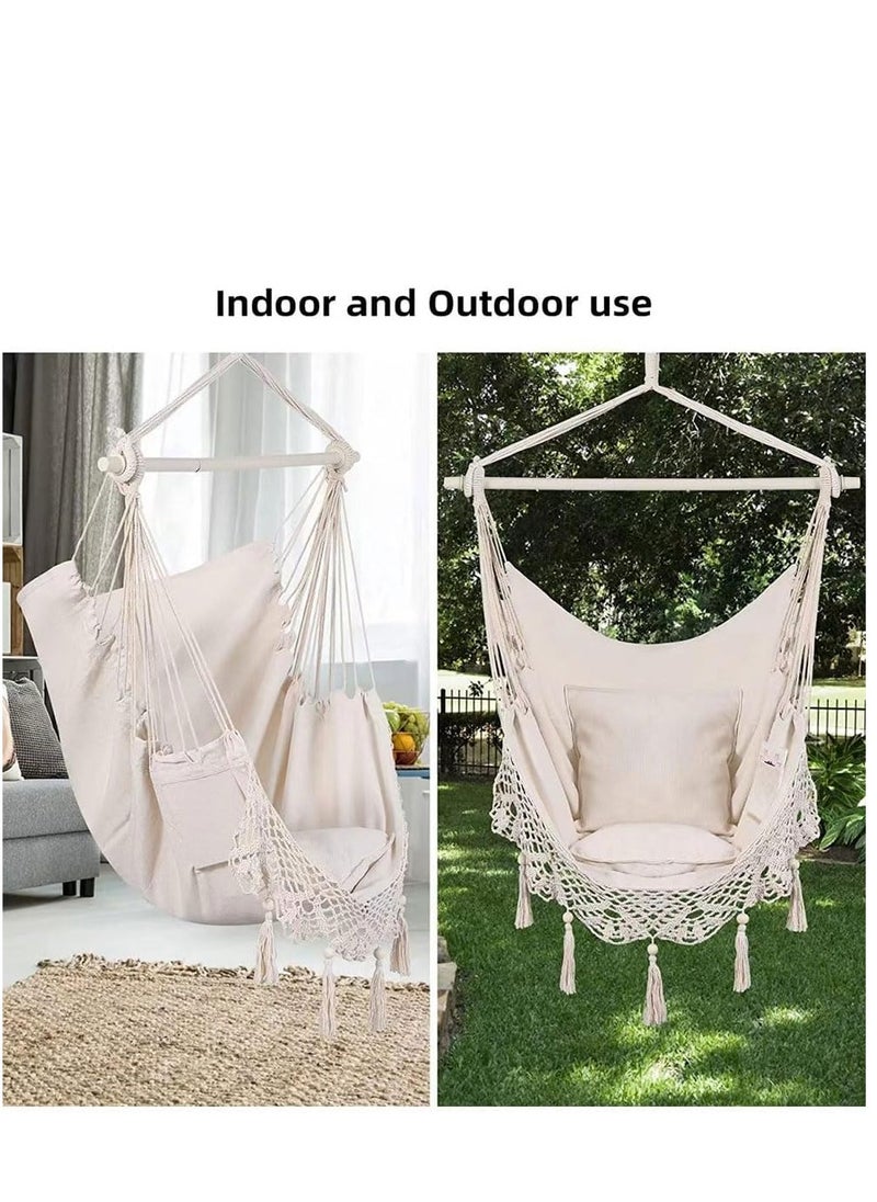 SYOSI - Hammock Chair Hanging Swing Chair with Cushions, Outdoor Rope Swing Adult Kids Metal Spreader Bar Max 330Lbs Cotton Weave Macrame Swing Seat for Living Room Camping Yard Patio Garden Backyard (White) - Image 1