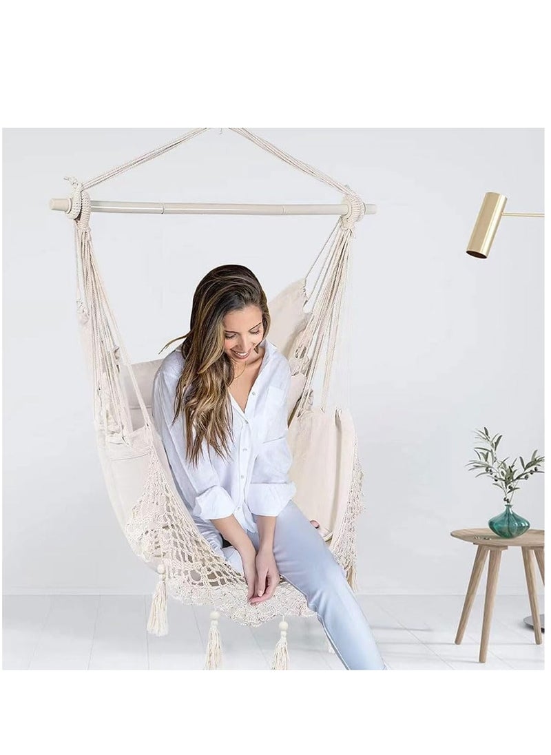 SYOSI - Hammock Chair Hanging Swing Chair with Cushions, Outdoor Rope Swing Adult Kids Metal Spreader Bar Max 330Lbs Cotton Weave Macrame Swing Seat for Living Room Camping Yard Patio Garden Backyard (White) - Image 1