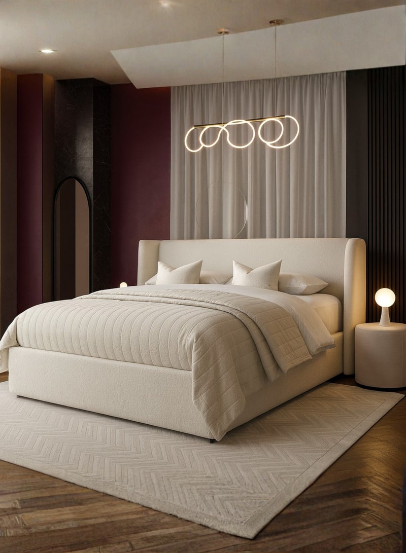 KustomDeco Luxury Boucle Fabric Upholstered Bed Frame with Wingback Headboard | Modern Customizable Design Beige, Premium Padded Design & Wooden Slats Super Queen Size Bed 160x200cm - Image 2