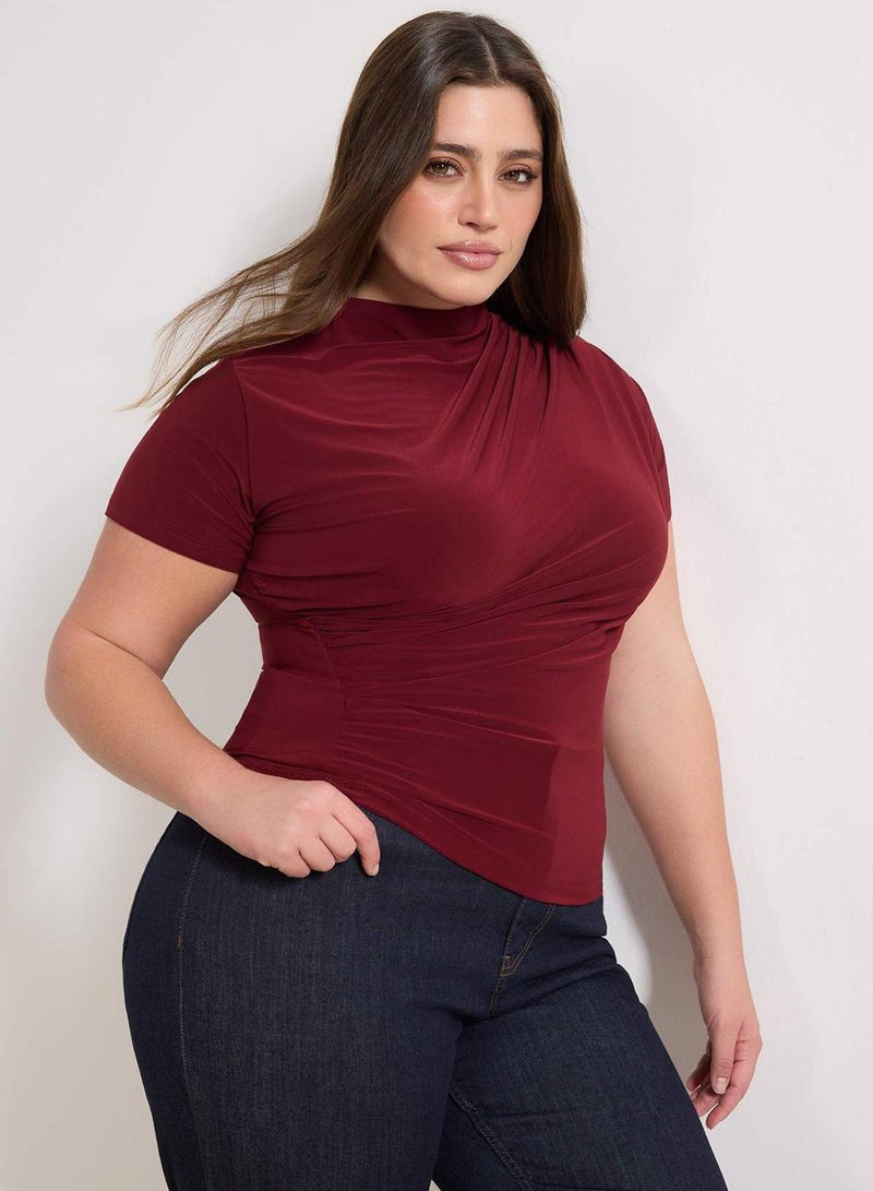 trendyol Burgundy Mock Neck Shirred Sandy Knitted Plus Size Blouse Tbbaw26Af00053 - Image 1