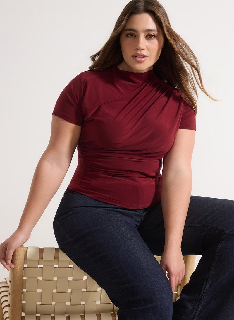 trendyol Burgundy Mock Neck Shirred Sandy Knitted Plus Size Blouse Tbbaw26Af00053 - Image 2