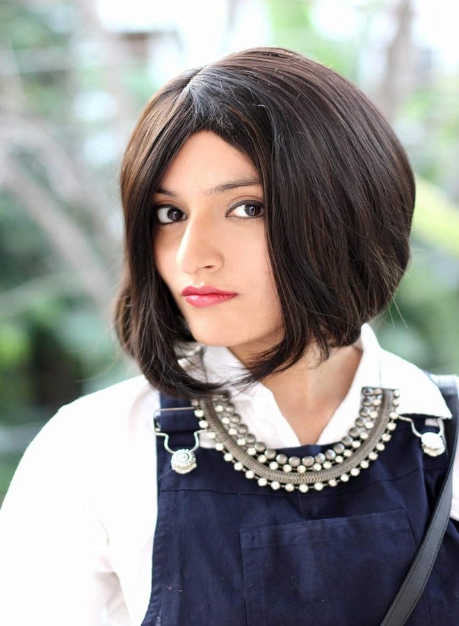 Ritzkart 16 Inch Short Straight Hair Black With Golden Highlight Synthetic Glueless Hair Wig For Women - Image 4