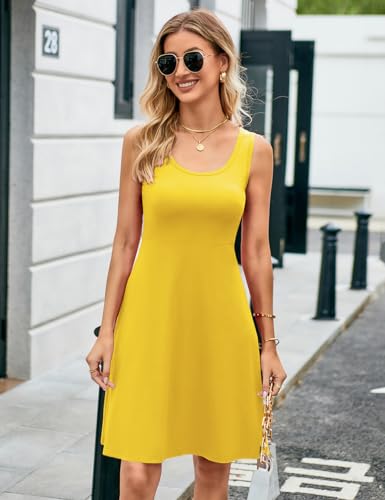 Herou Summer Casual A line Dress for Women High Waist Sleeveless Midi Skater Dress Yellow Small - Image 4