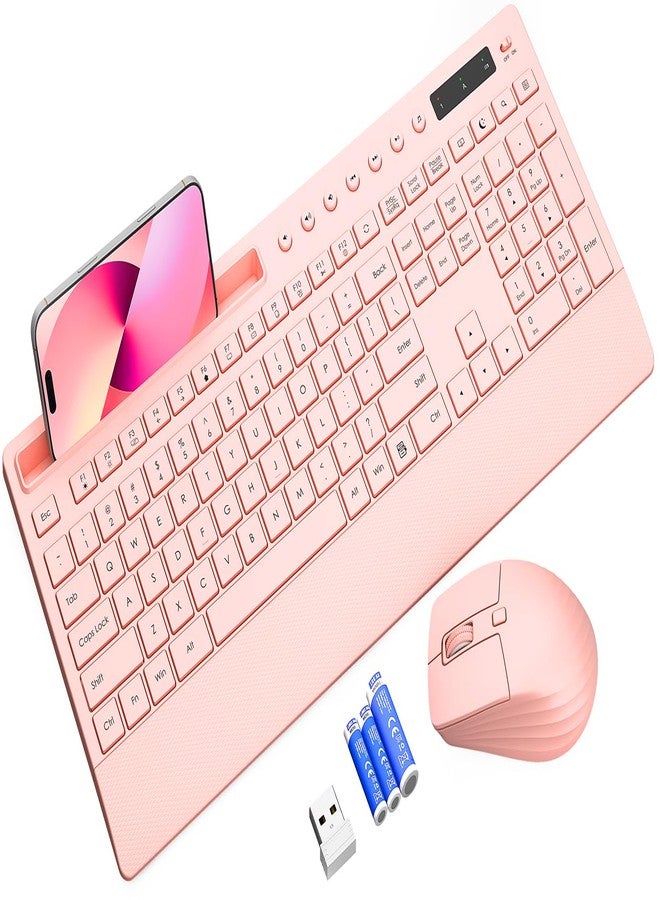 Trueque Wireless Keyboard and Mouse Combo - Full-Size Quiet Keyboard with Palm Rest, Phone Holder, Multimedia Keys, Power Switch, Batteries Included, Compatible with Windows, PC, Laptop, Pink - Image 1