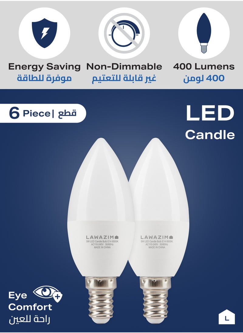 LAWAZIM - 5W LED Candle C37 E14 -6 Piece 6500K Daylight- Energy Saving 35W Equivalent Non-Dimmable Lightbulbs with 400 Lumens and a Lifespan of 15,000 Hours - Ideal for Chandeliers and Wall Sconces - Image 1