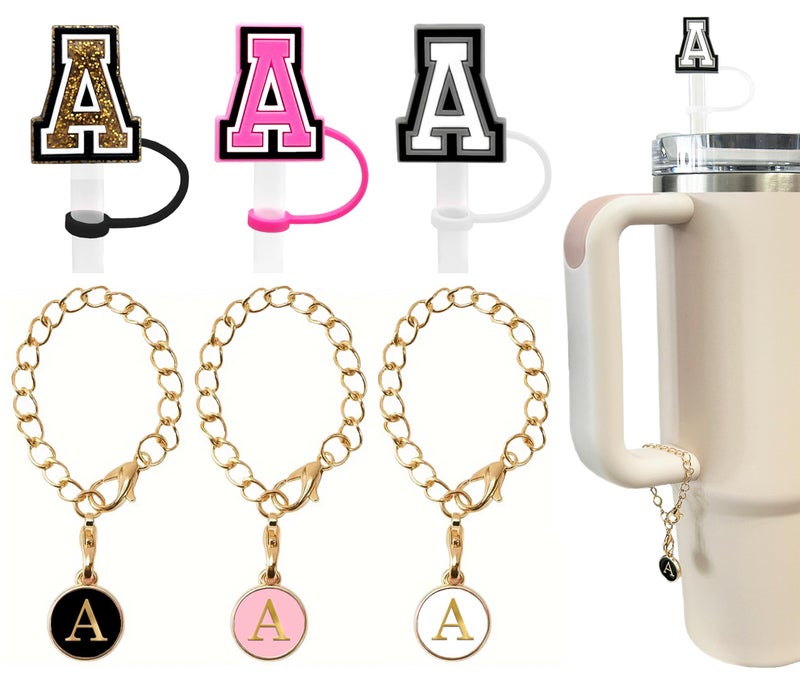 Nuozme 3 3 3PCS Nuozme Straw Cover 10mm For Stanley Tumbler Cup Reusable Straw Cap Topper with 3 Initial Letter Charms Accessories Name ID Personalized Handle Charm For Stanley 3040 Oz Cup Tumbler