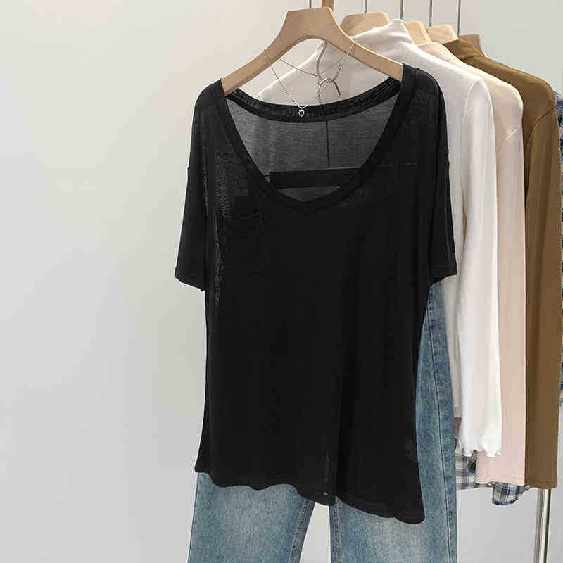 Lyocell Tencel Skin-Friendly Loose Pocket Short-Sleeved T-Shirt Women'S 2025 V-Neck High-End Slim Top - Image 4