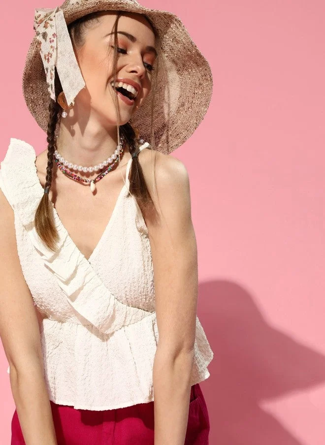 SASSAFRAS White One Shoulder Ruffles Empire Top for Women