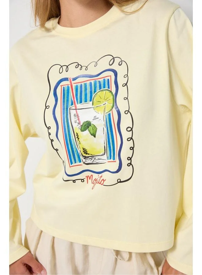 mina aise Women's Yellow Wide Sleeve Oversize Printed T-shirt 31212.