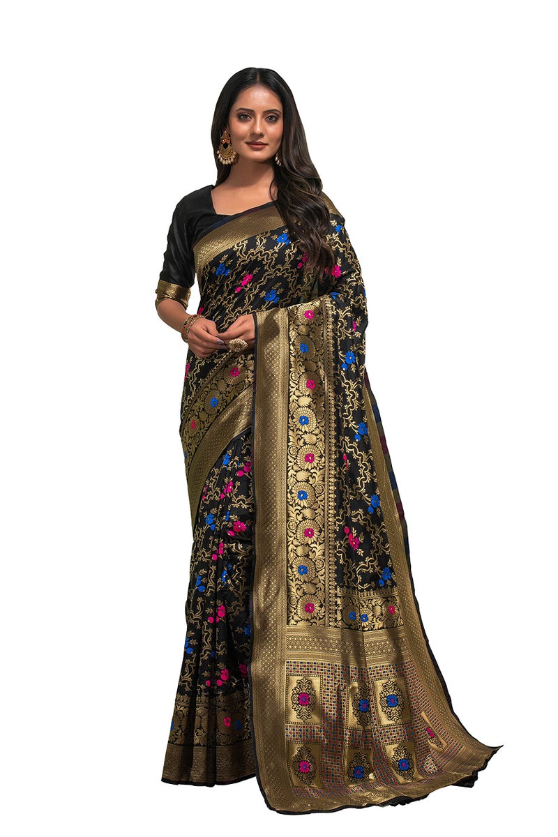 Lilots Women's Designer Banarasi Silk Jacquard Saree With Blouse Piece (Black) - Image 1