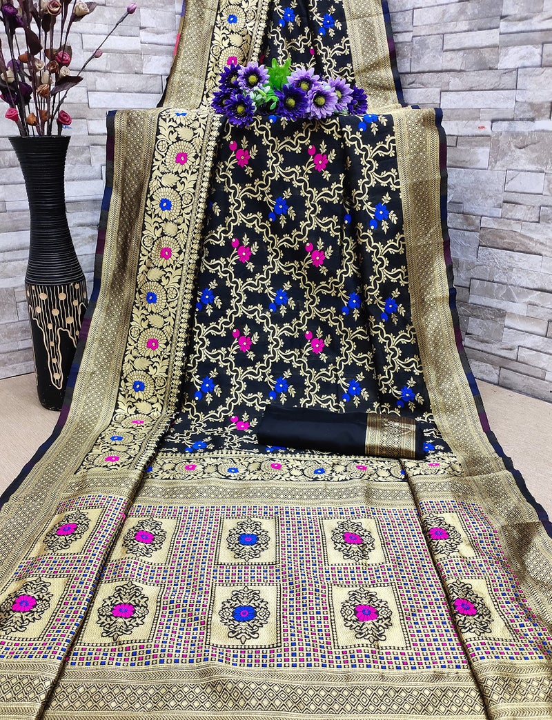 Lilots Women's Designer Banarasi Silk Jacquard Saree With Blouse Piece (Black) - Image 5