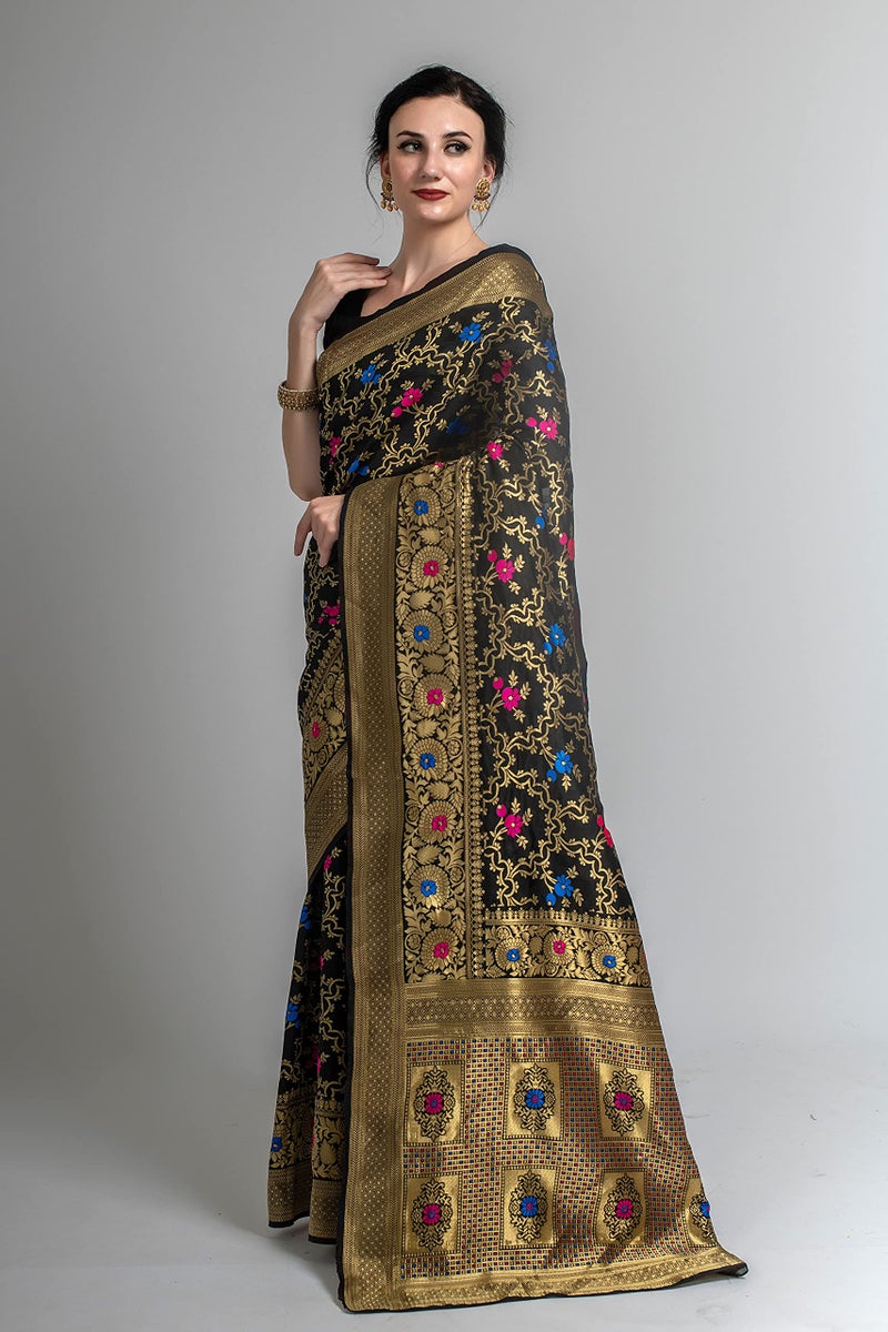 Lilots Women's Designer Banarasi Silk Jacquard Saree With Blouse Piece (Black) - Image 4