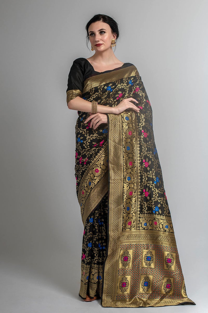 Lilots Women's Designer Banarasi Silk Jacquard Saree With Blouse Piece (Black) - Image 2