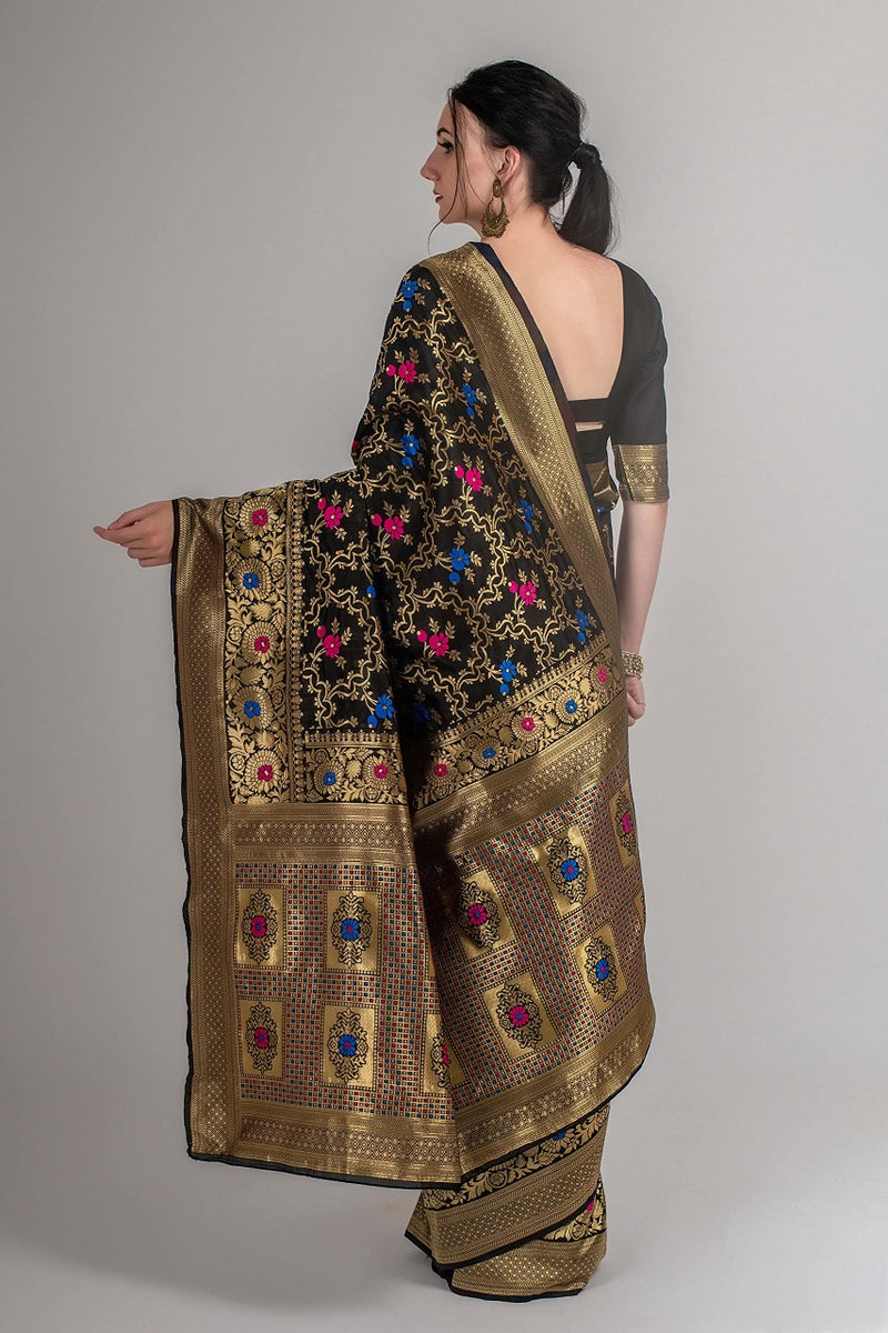 Lilots Women's Designer Banarasi Silk Jacquard Saree With Blouse Piece (Black) - Image 3