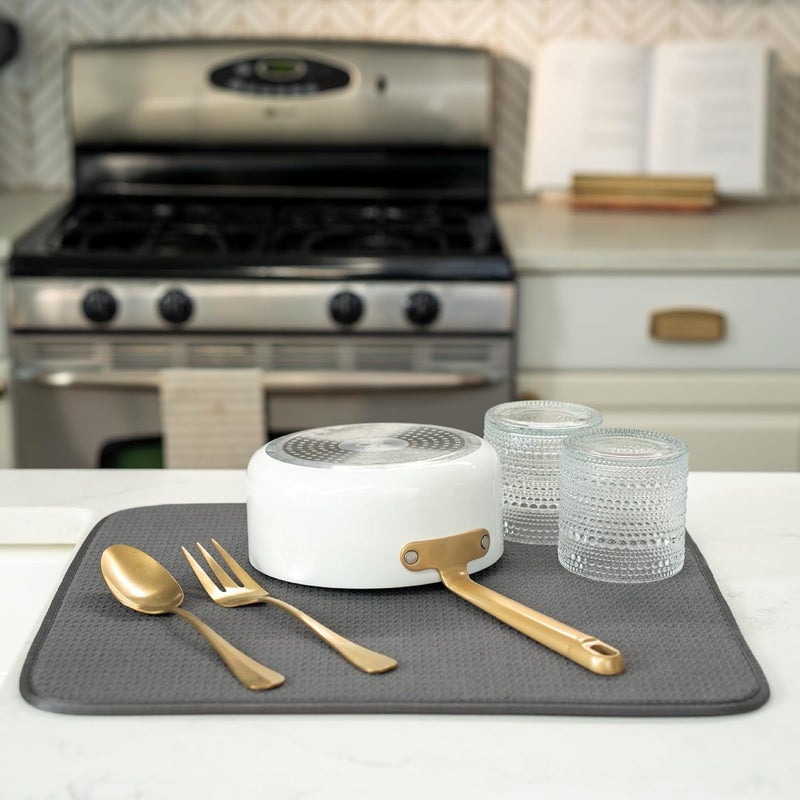 S&T INC. Dish Drying Mat, Highly Absorbent Microfiber Kitchen Counter Mat, Dish Drying Pad for Dishes, Utensils, Pots and Pans, Large 16" x 18", Charcoal - Image 4