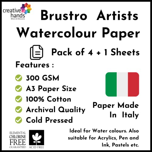 BRUSTRO Artists 100% Cotton Watercolour Paper,300 GSM, Cold Pressed,Size A3 (Pack of 4 + 1 Sheets) | Ideal for Watercolor,Acrylic,Gouache,Charcoal,Graphite,Ink & Other Mixed Media - Image 2